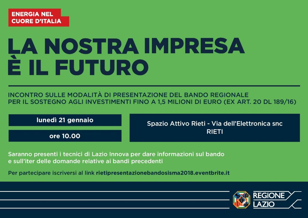 Presentazione Bando Sisma 2018 il 21 gennaio a Rieti