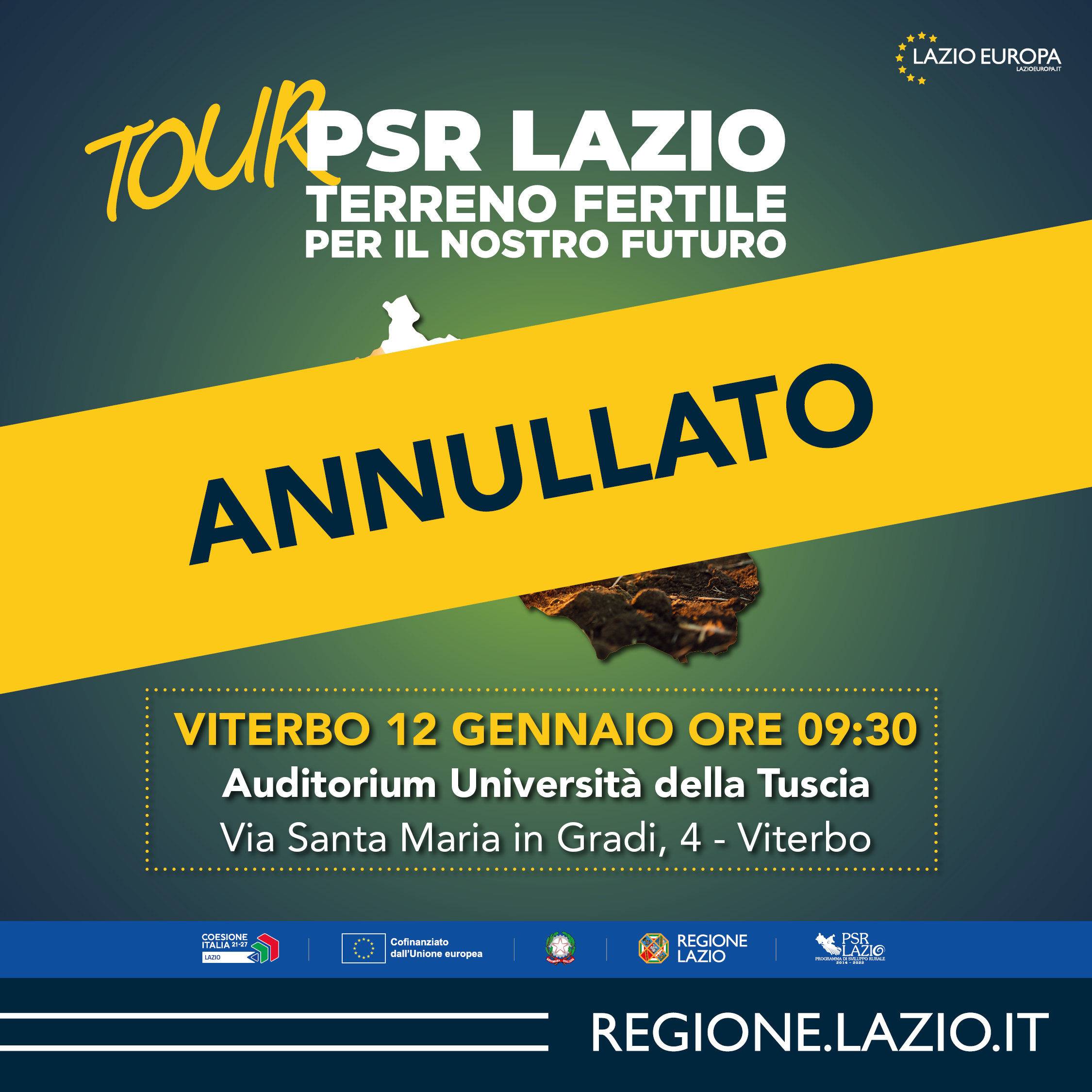 Annullata la quarta tappa del tour “PSR Lazio terreno fertile per il nostro futuro”